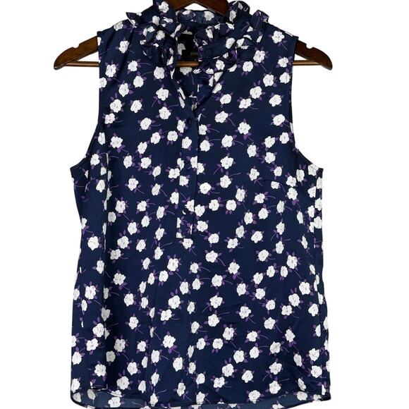 J. Crew Liberty Ruffle Neck Scattered Peony Print Sleeveless VNeck S Blue Purple - Picture 2 of 15